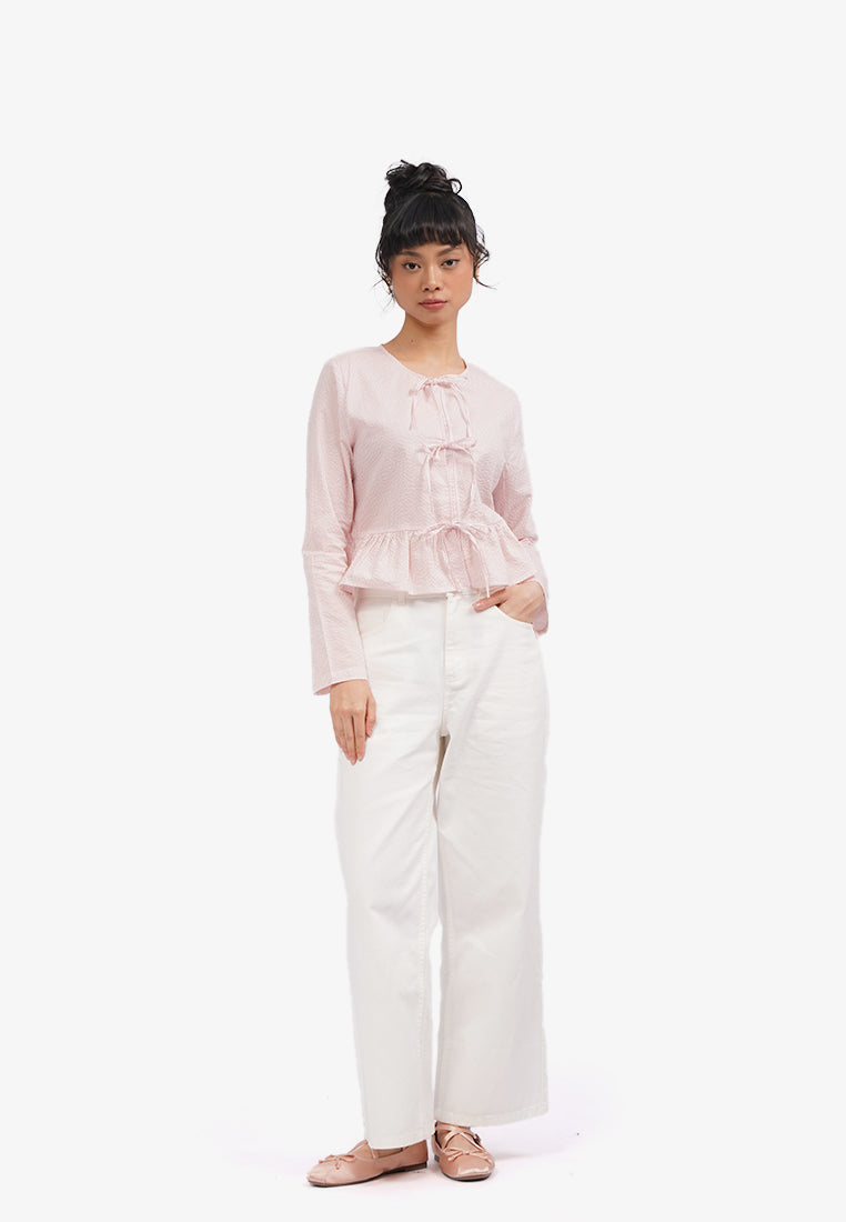 Striped Peplum Blouse with Bow Pink
