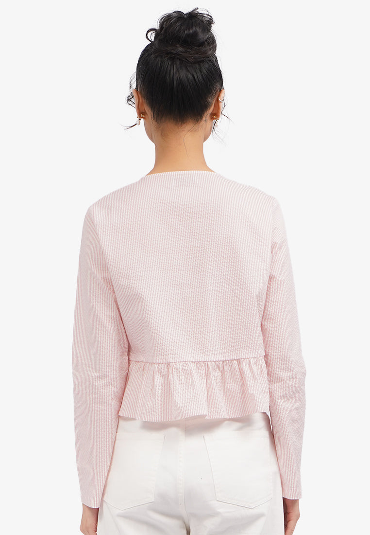 Striped Peplum Blouse with Bow Pink
