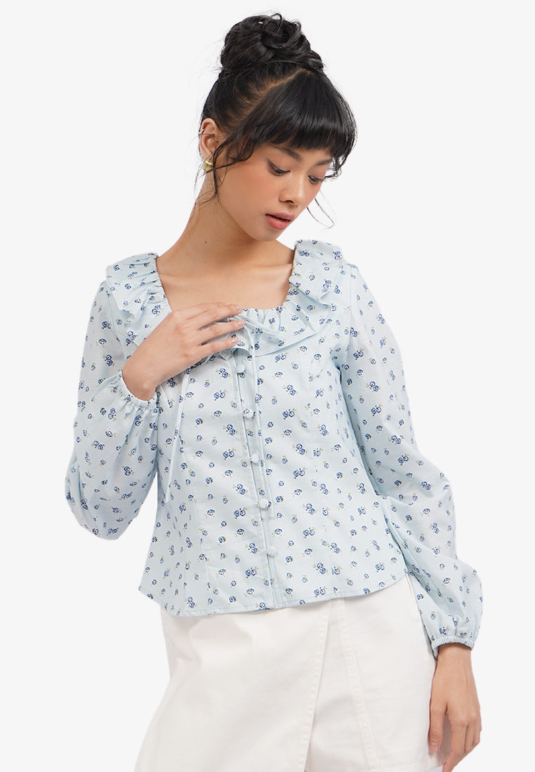 Long Sleeve Printed Ruffles Blouse
