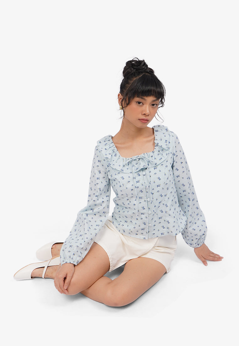 Long Sleeve Printed Ruffles Blouse