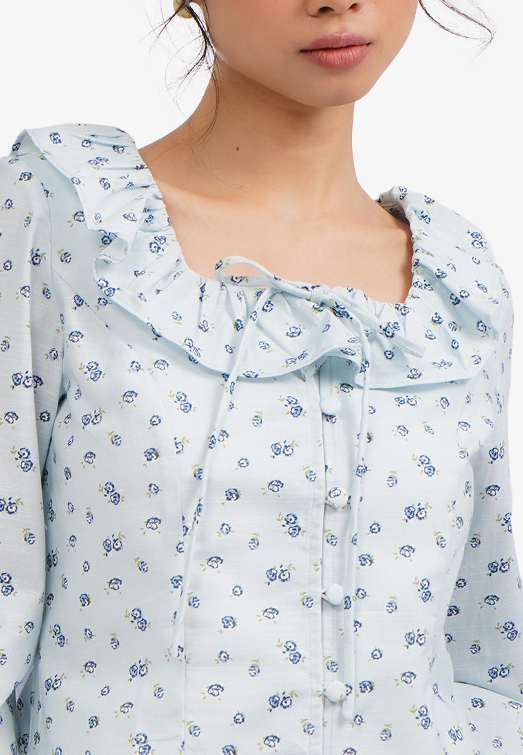 Long Sleeve Printed Ruffles Blouse