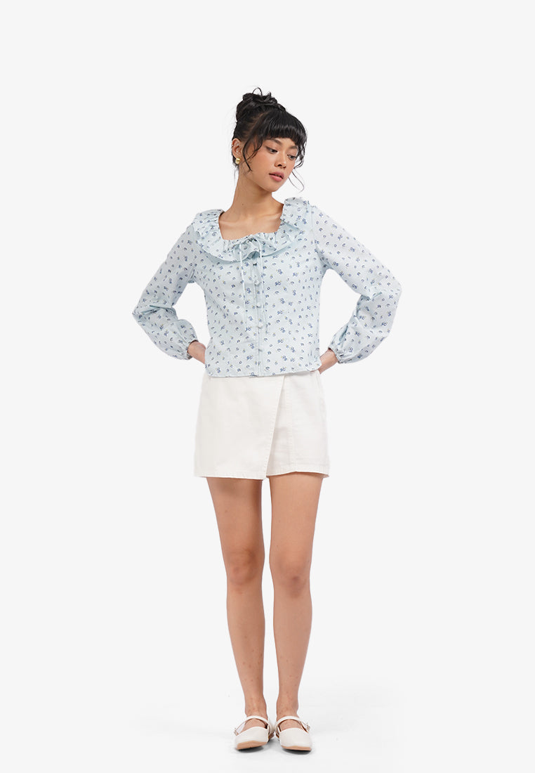 Long Sleeve Printed Ruffles Blouse