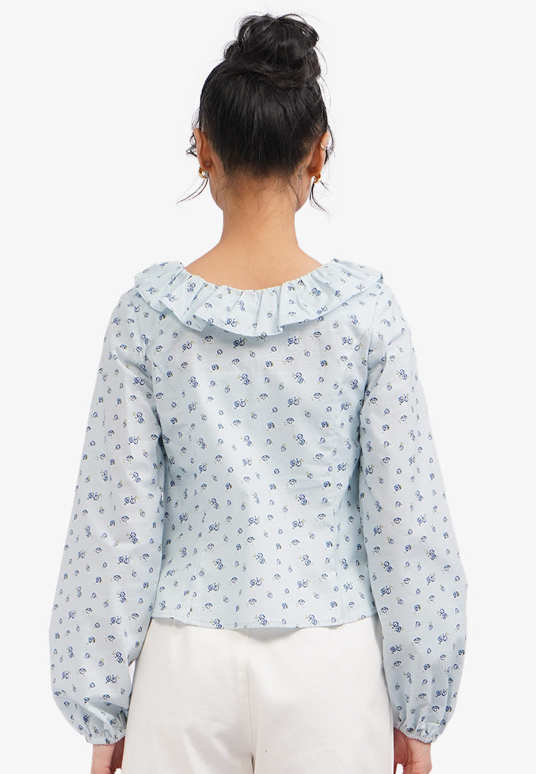 Long Sleeve Printed Ruffles Blouse