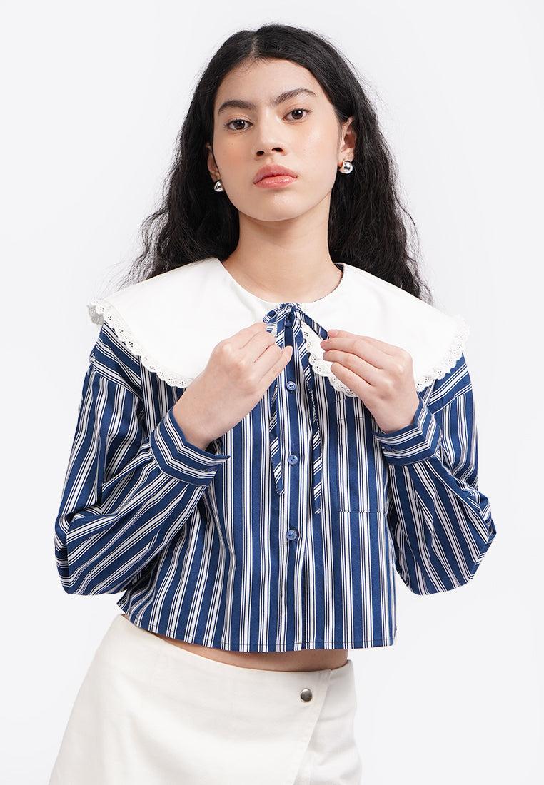 Contrast Wide Collar Blouse Navy
