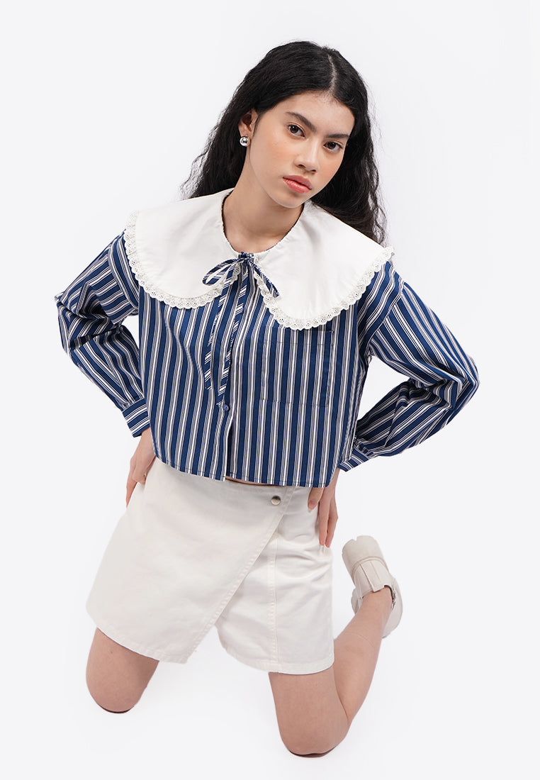 Contrast Wide Collar Blouse Navy