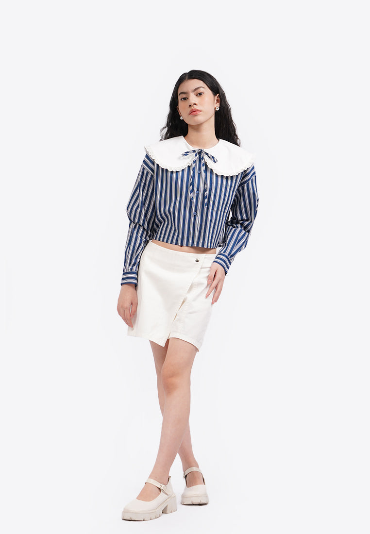 Contrast Wide Collar Blouse Navy