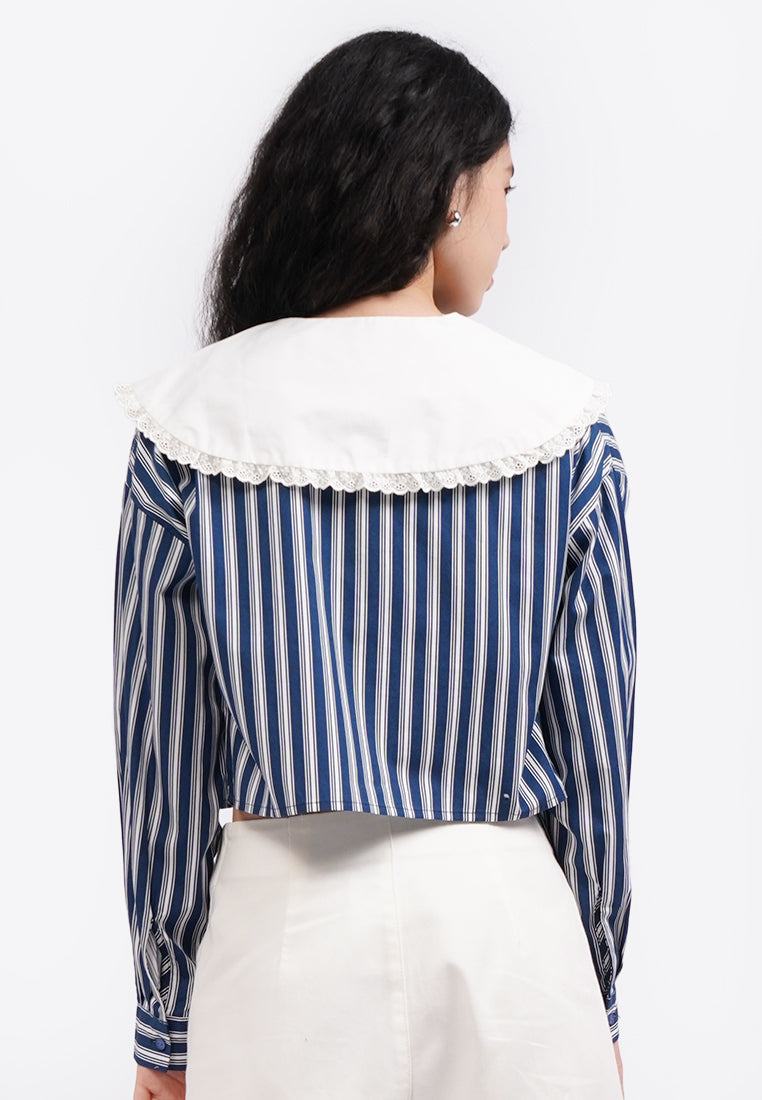 Contrast Wide Collar Blouse Navy