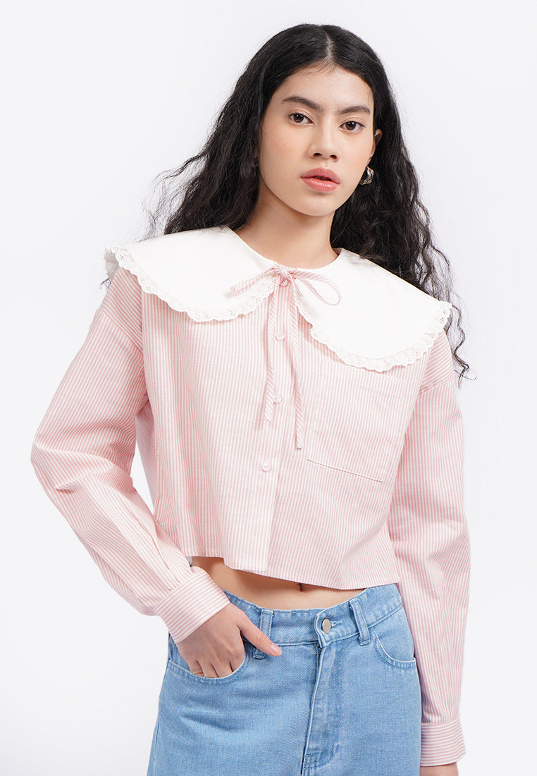 Contrast Wide Collar Blouse L.Pink