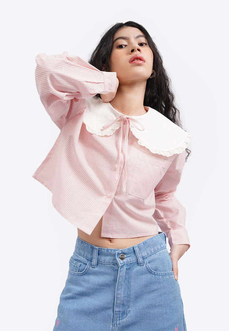 Contrast Wide Collar Blouse L.Pink
