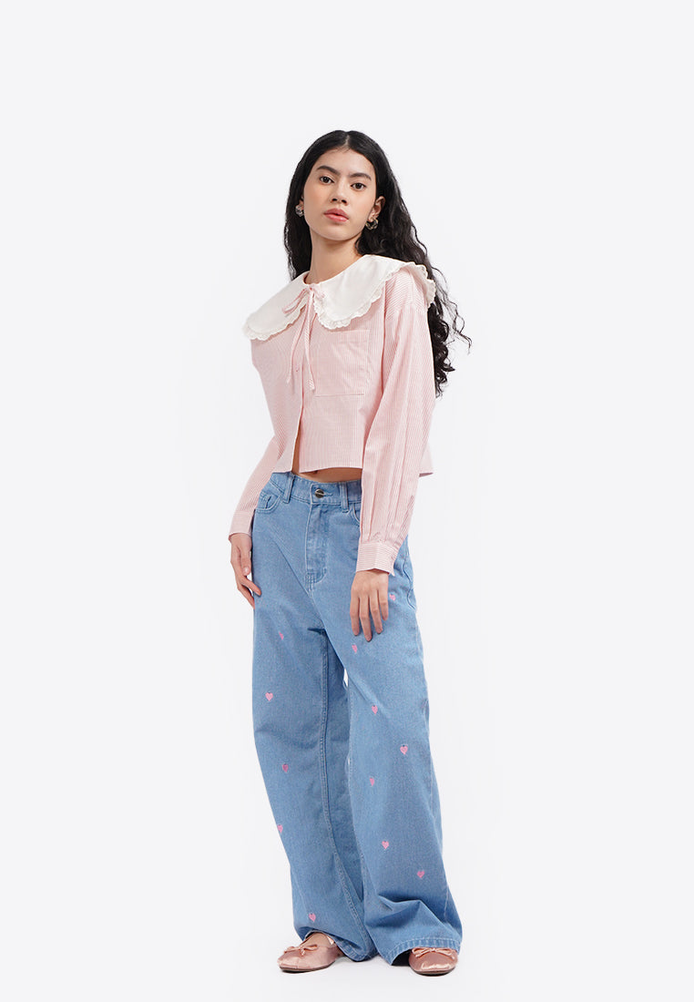 Contrast Wide Collar Blouse L.Pink