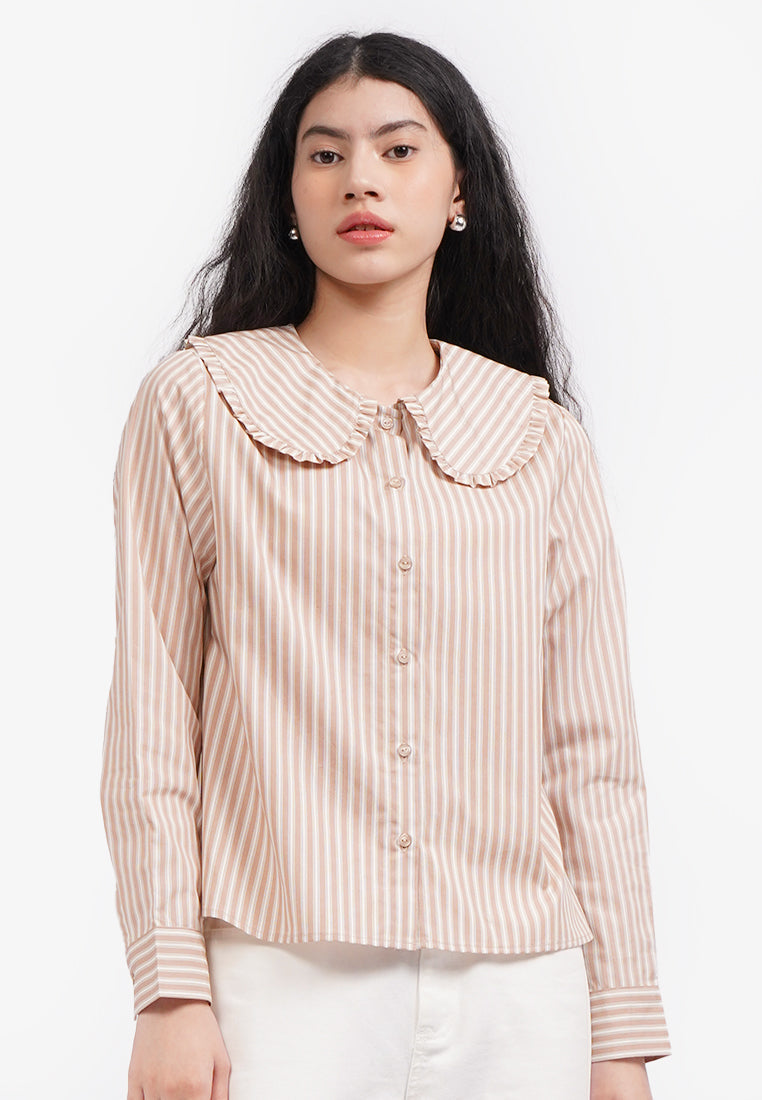 Wide Collar Stripes Shirt L.Brown