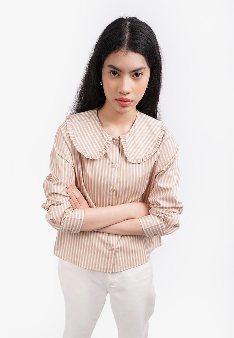 Wide Collar Stripes Shirt L.Brown