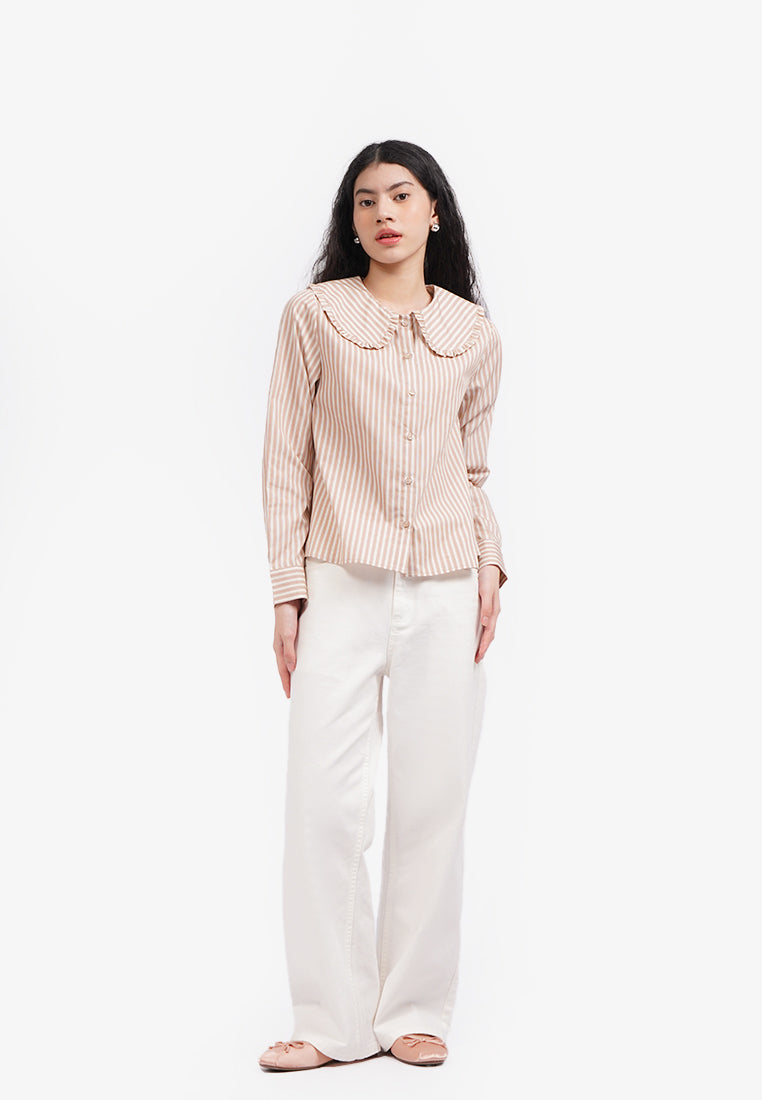 Wide Collar Stripes Shirt L.Brown