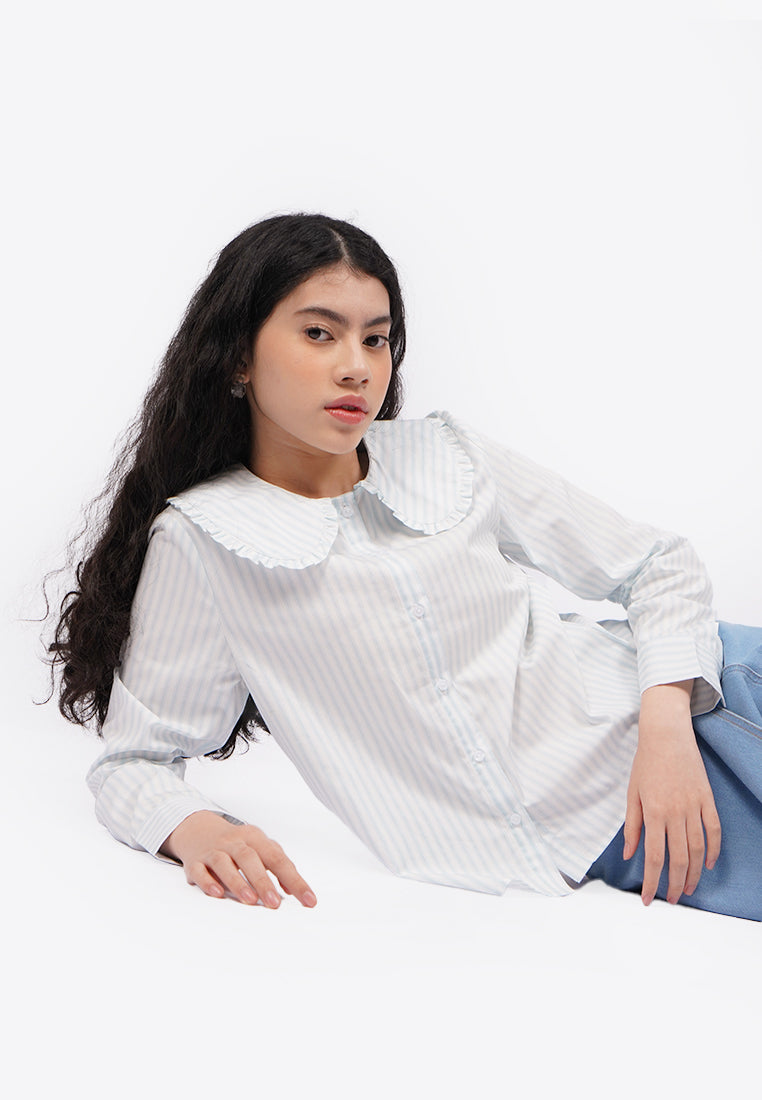 Wide Collar Stripes Shirt L.Blue