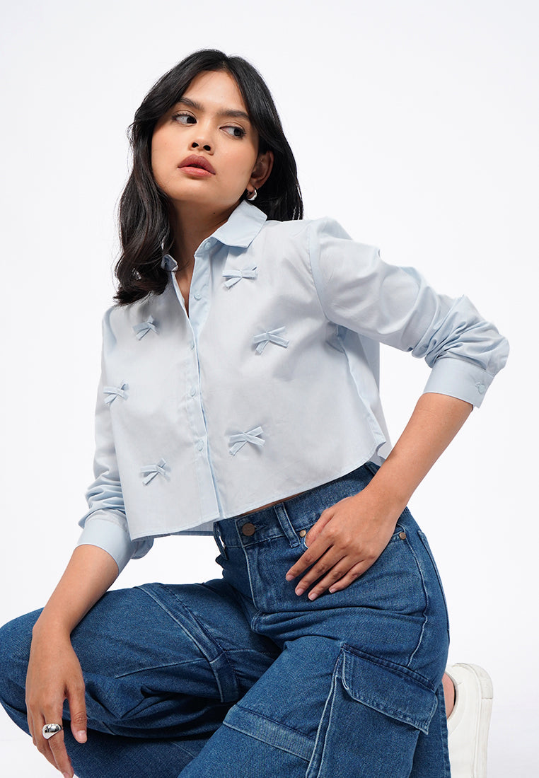 Bow Details Long Sleeve Crop Shirt