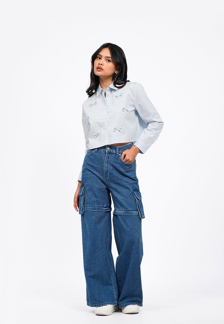 Bow Details Long Sleeve Crop Shirt