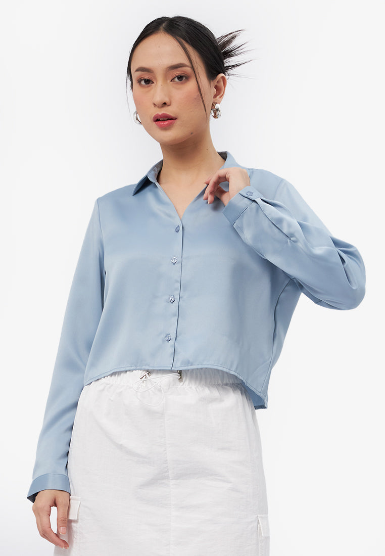 V-Neck Collar Long Sleeve Shirt Dusty Blue