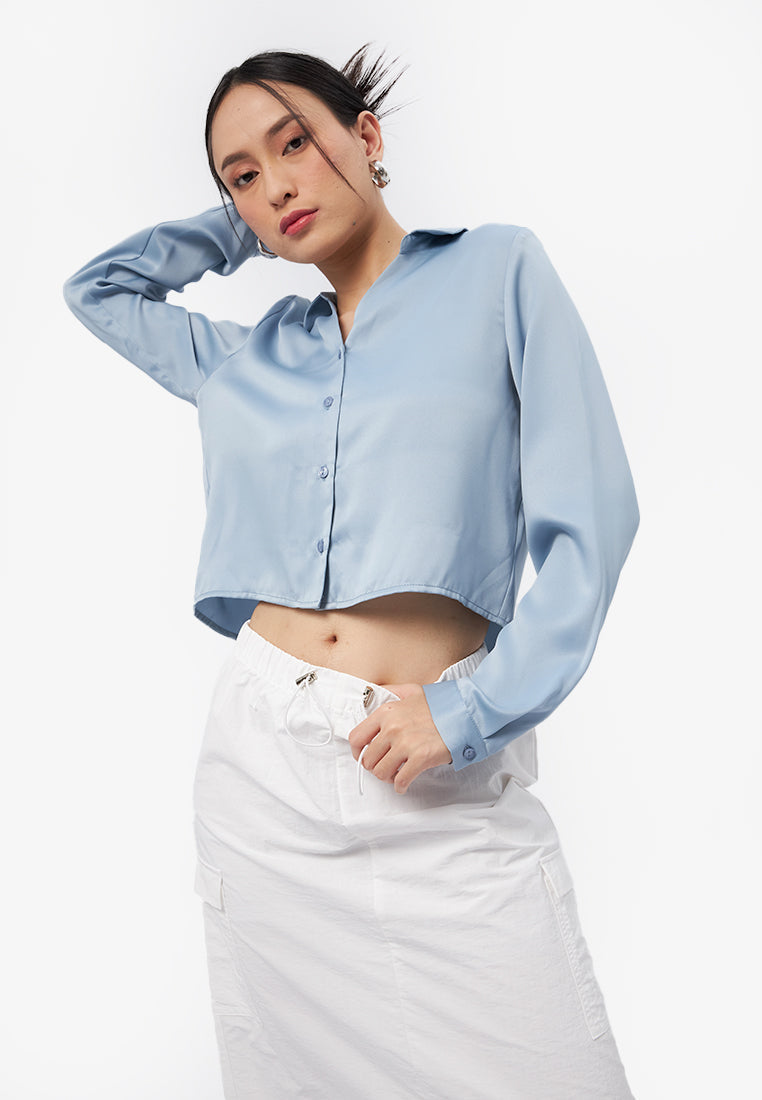V-Neck Collar Long Sleeve Shirt Dusty Blue