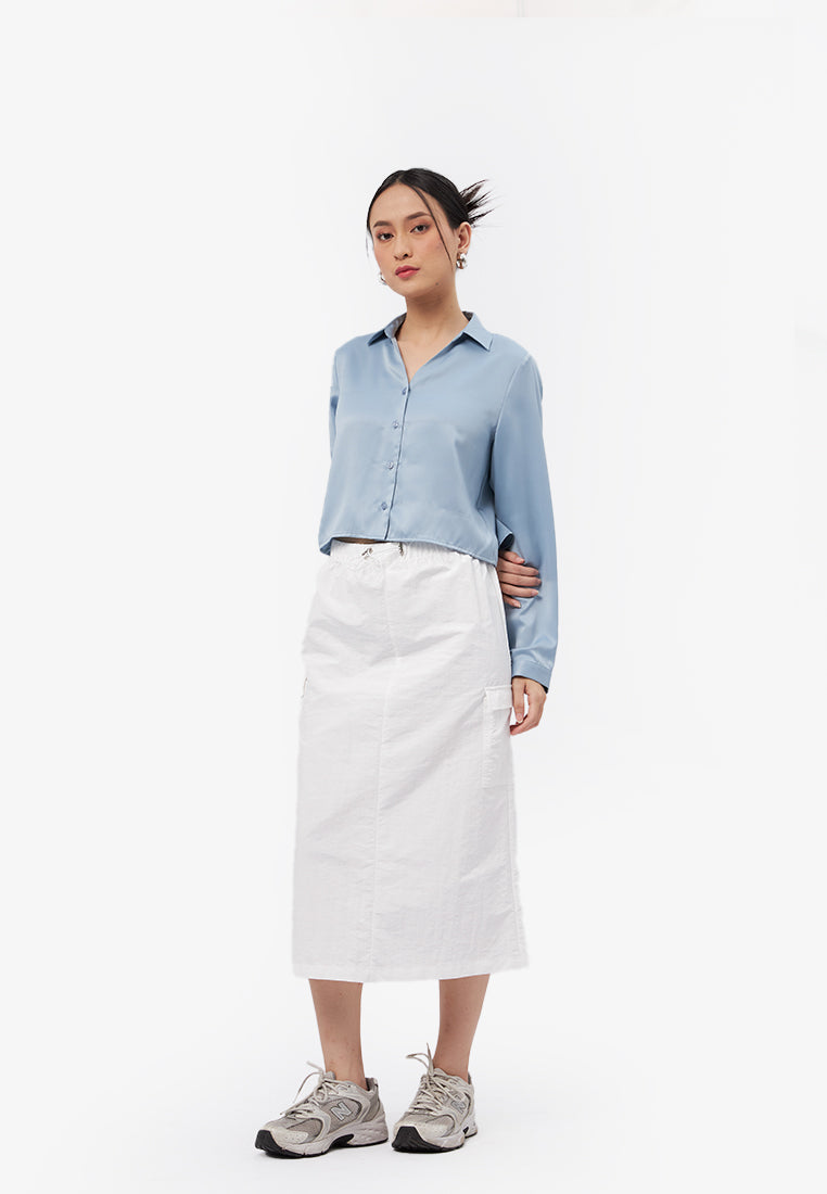 V-Neck Collar Long Sleeve Shirt Dusty Blue