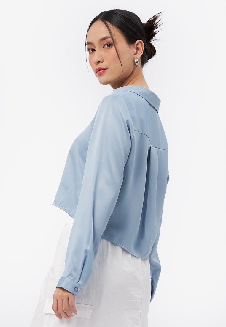V-Neck Collar Long Sleeve Shirt Dusty Blue
