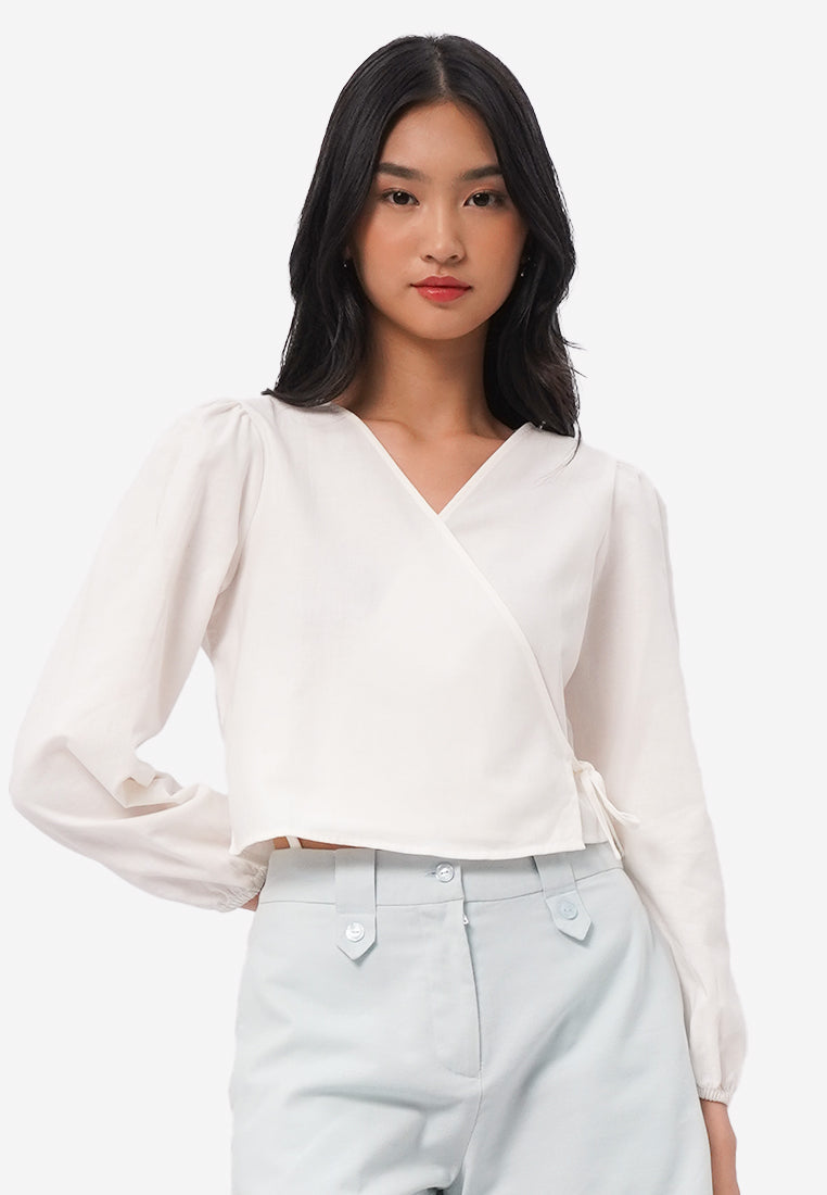Long Sleeve V-Neck Wrap Blouse Off White
