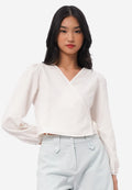 Long Sleeve V-Neck Wrap Blouse Off White