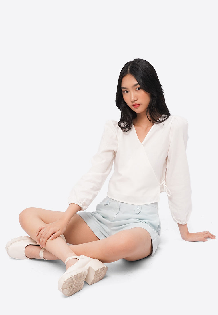 Long Sleeve V-Neck Wrap Blouse Off White