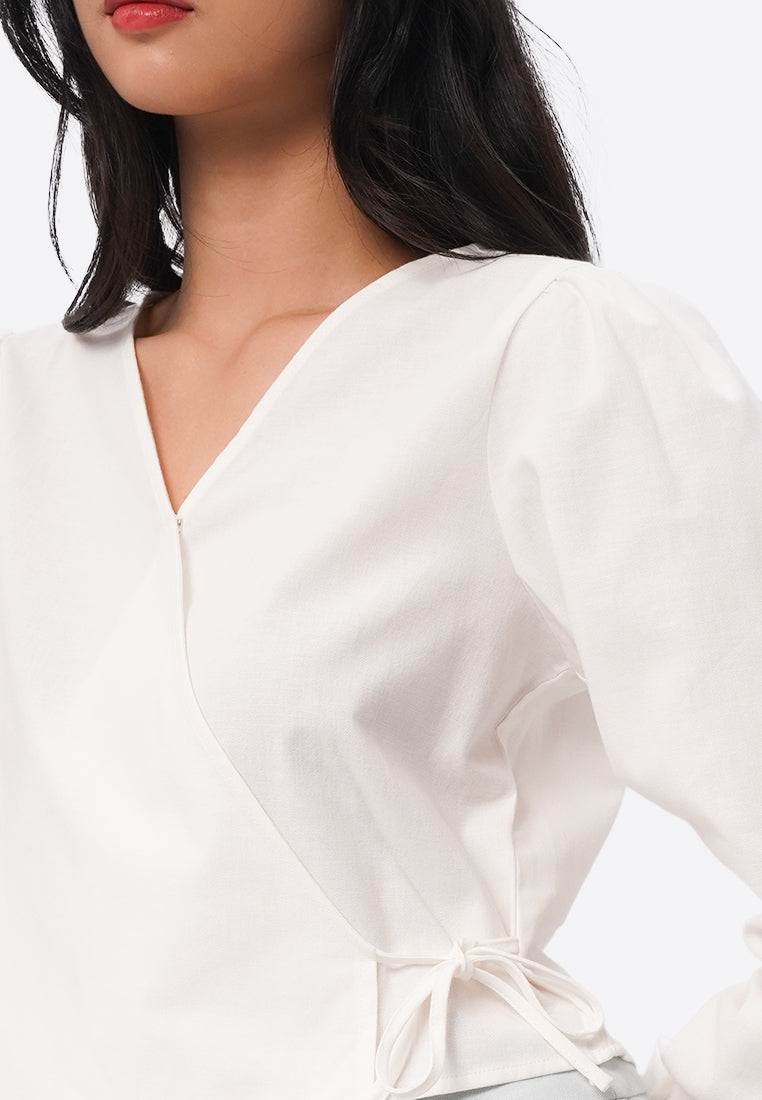 Long Sleeve V-Neck Wrap Blouse Off White