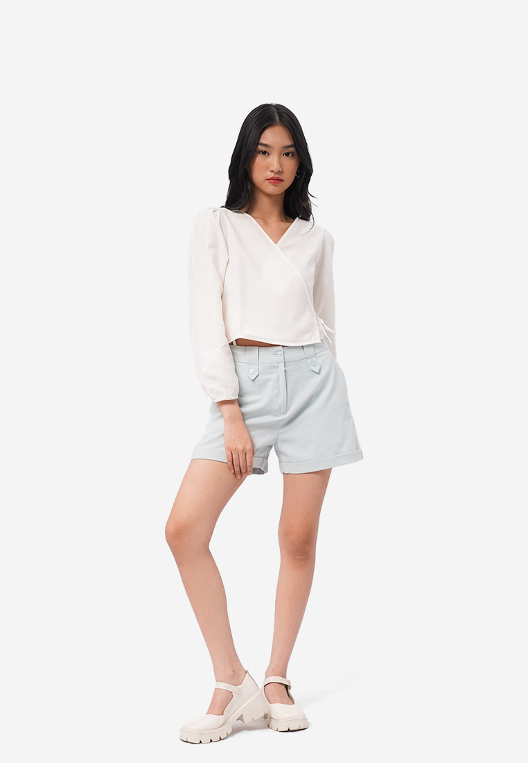 Long Sleeve V-Neck Wrap Blouse Off White