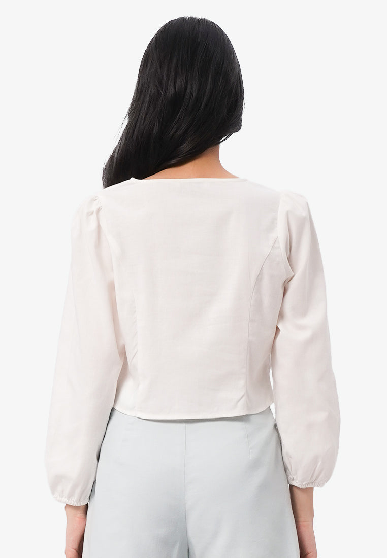 Long Sleeve V-Neck Wrap Blouse Off White