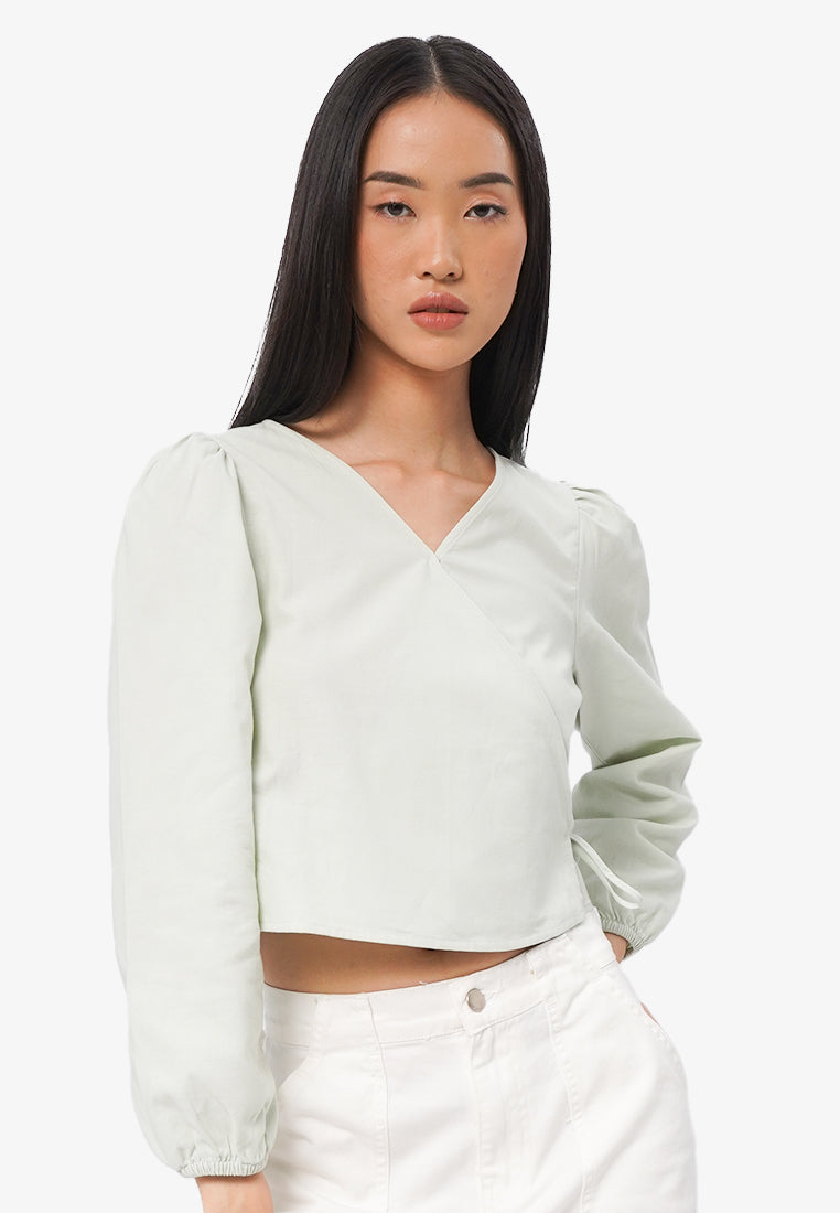 Long Sleeve V-Neck Wrap Blouse Mint