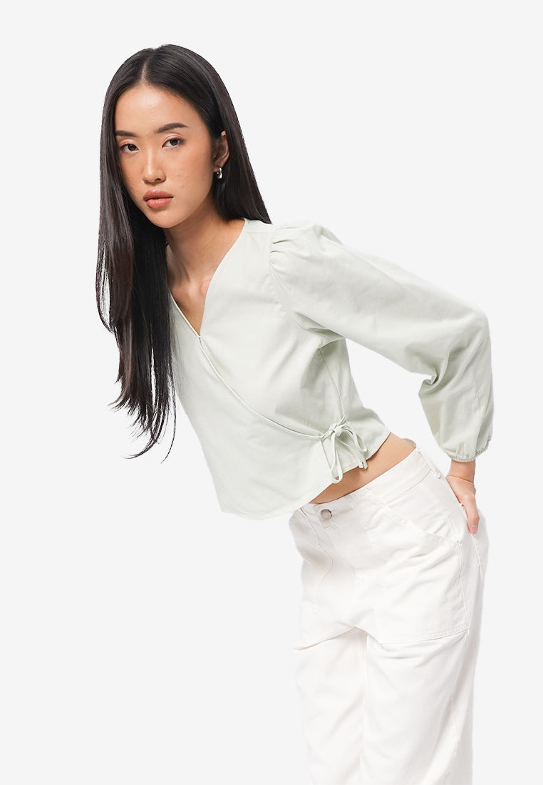 Long Sleeve V-Neck Wrap Blouse Mint