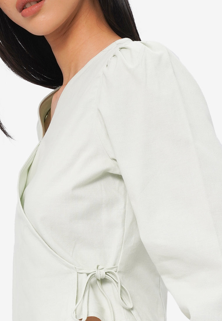 Long Sleeve V-Neck Wrap Blouse Mint
