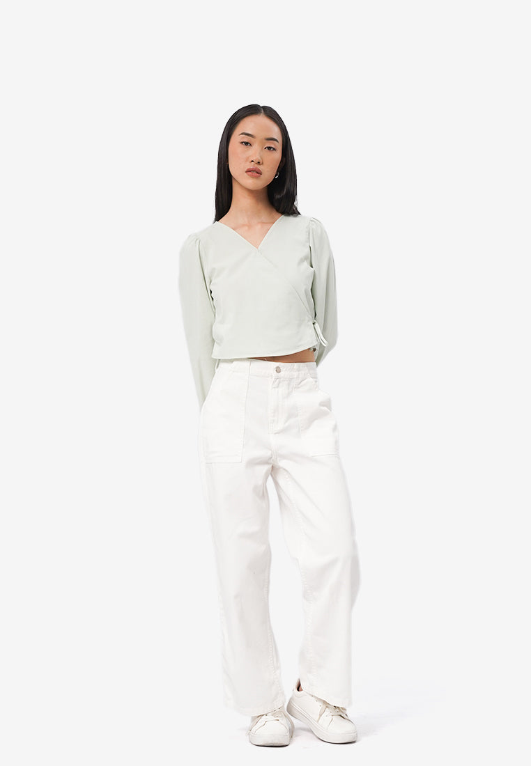 Long Sleeve V-Neck Wrap Blouse Mint