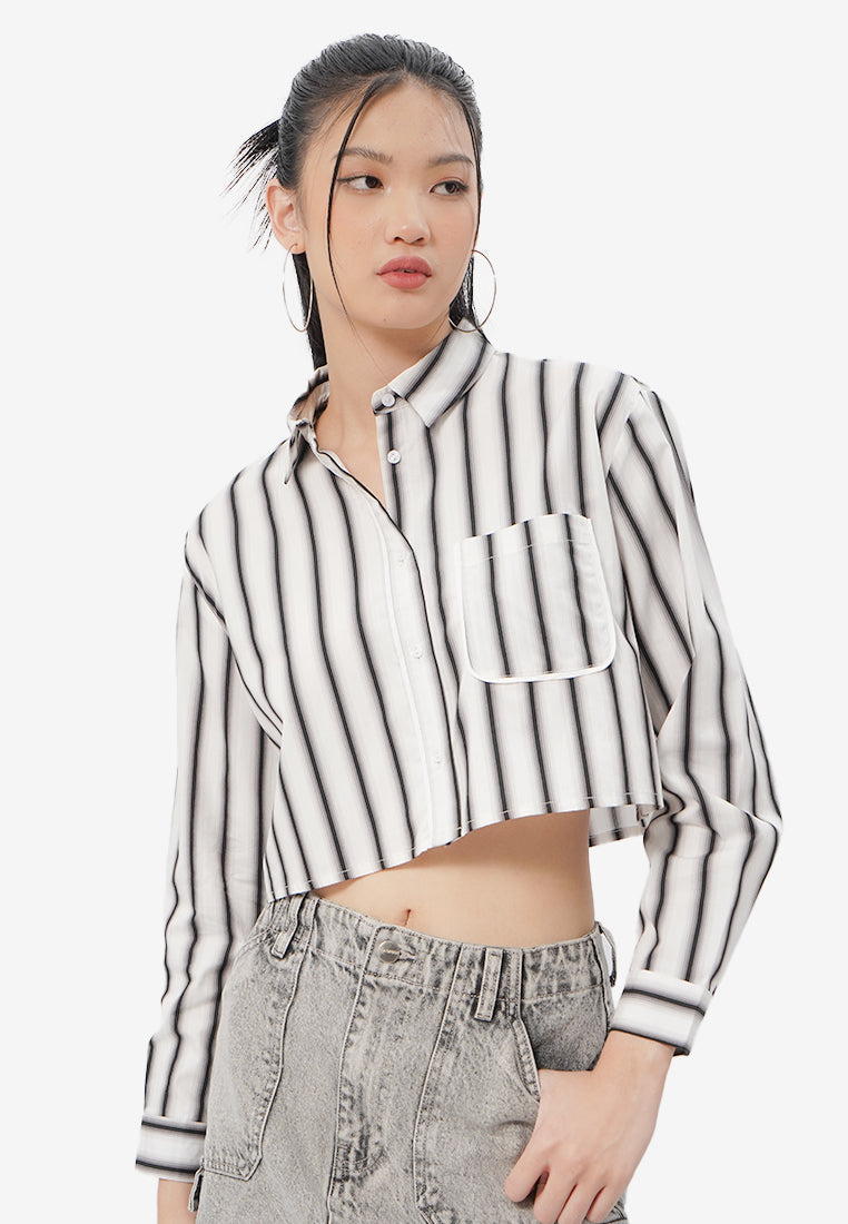 Pocket Long Sleeve Stripes Blouse