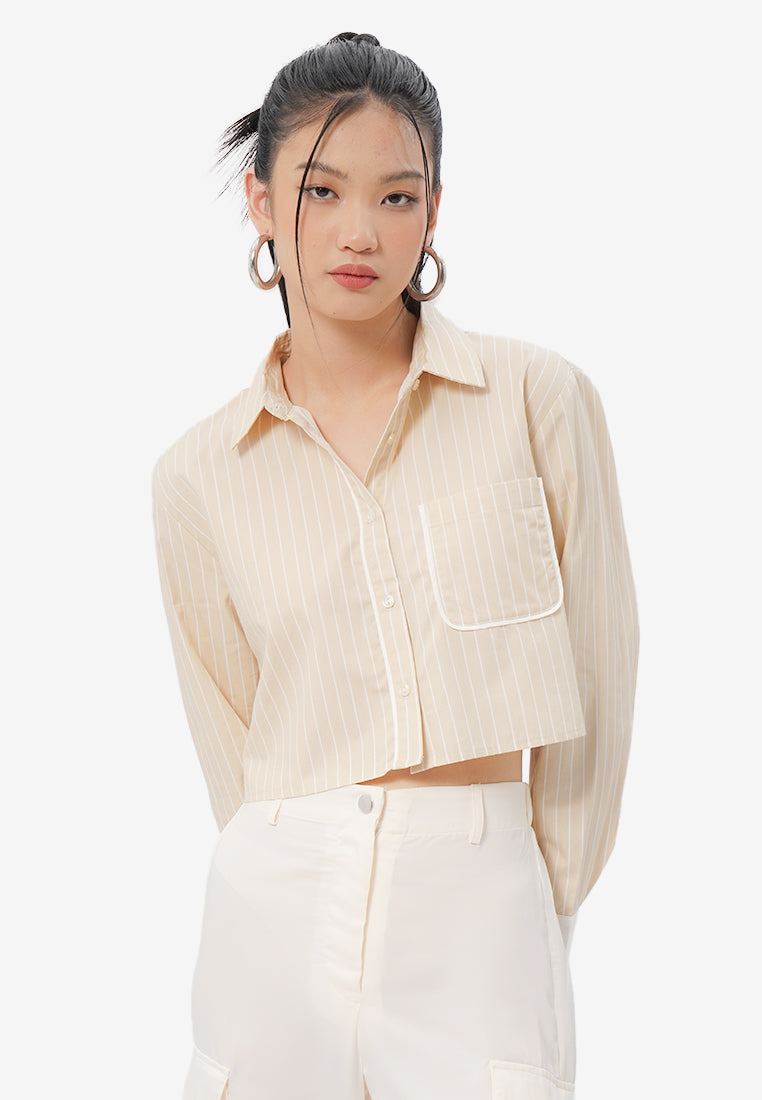 Pocket Long Sleeve Stripes Blouse Sand