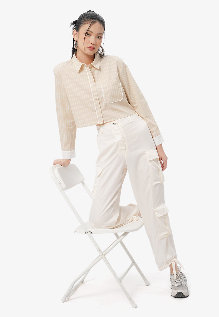 Pocket Long Sleeve Stripes Blouse Sand