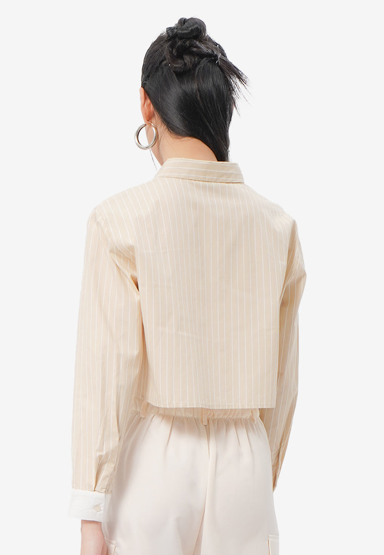 Pocket Long Sleeve Stripes Blouse Sand