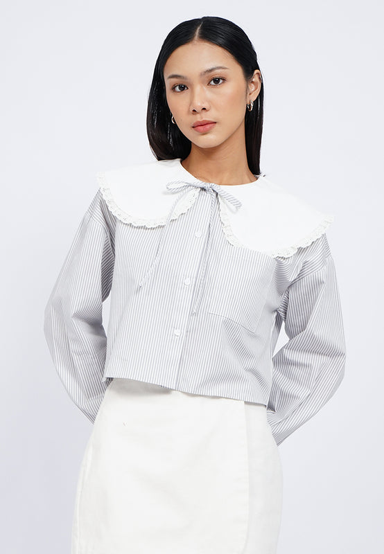Crop Long Sleeve Shirt with Laced Collar