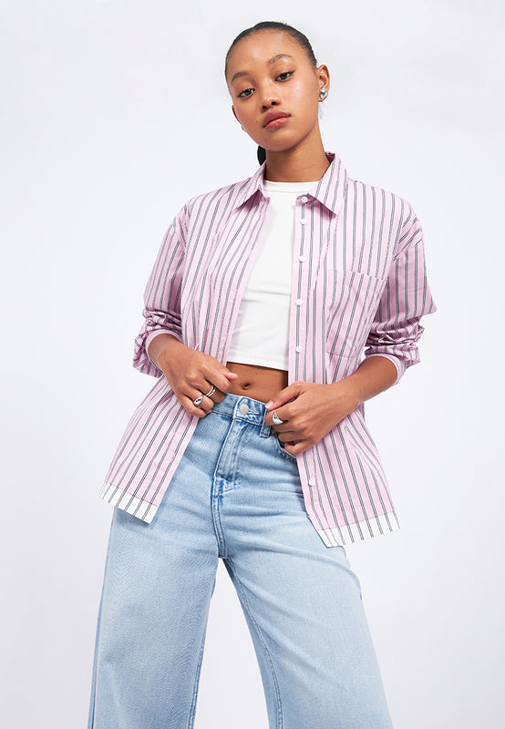 Double Layered Hem Stripes Shirt