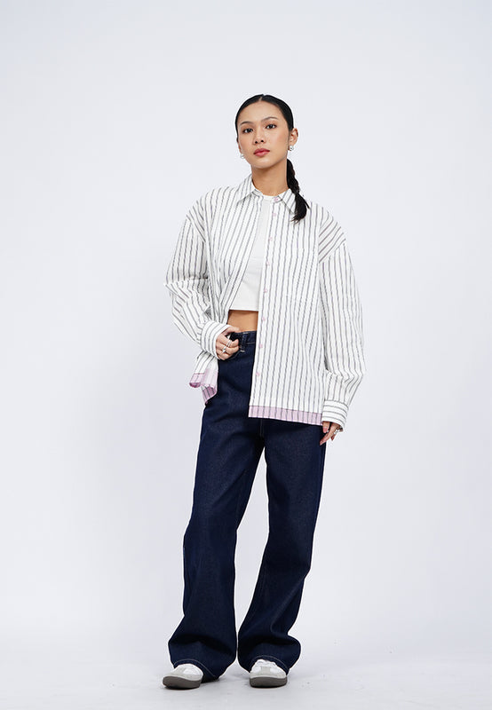 Double Layered Hem Stripes Shirt