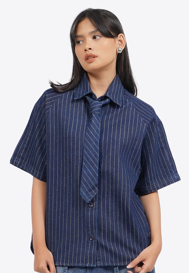 Oversized Denim Shirt with Tie Details