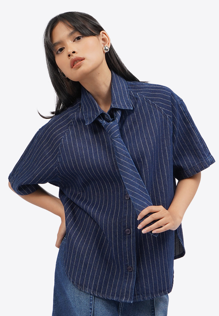 Oversized Denim Shirt with Tie Details