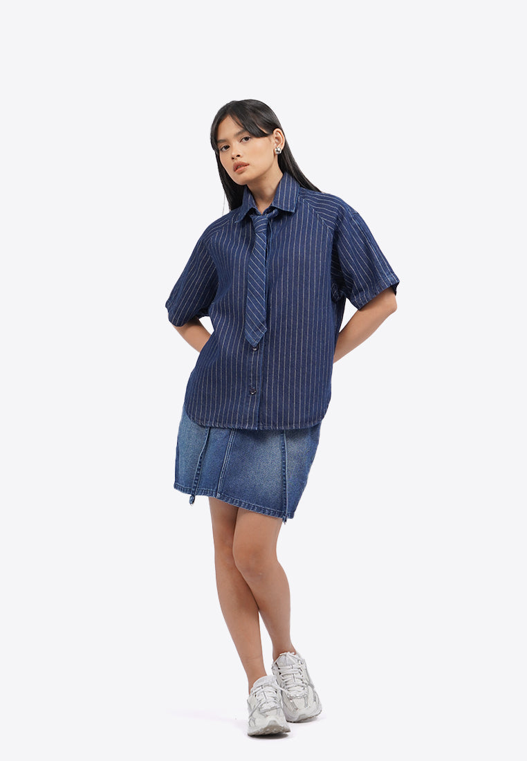 Oversized Denim Shirt with Tie Details