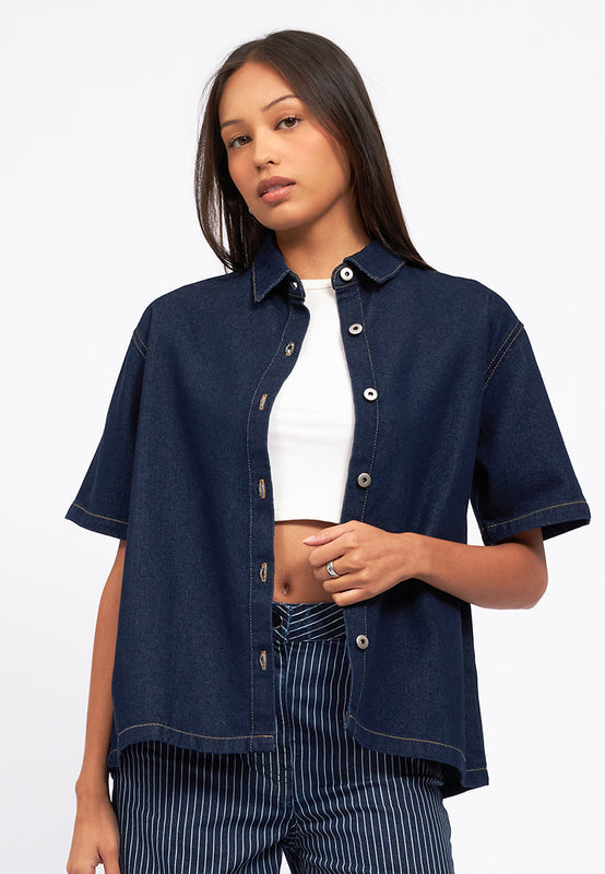 Contrast Stitch Short Sleeve Denim Shirt