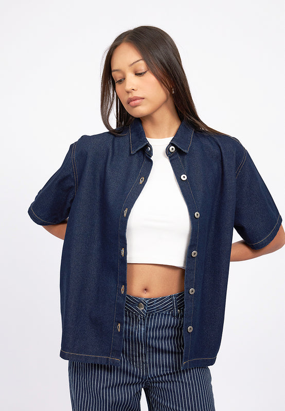 Contrast Stitch Short Sleeve Denim Shirt