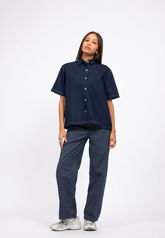 Contrast Stitch Short Sleeve Denim Shirt