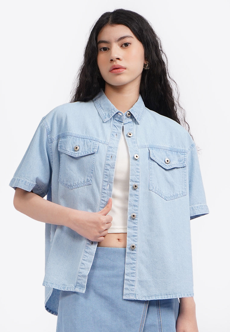 Oversized Short Sleeve Denim Shirt L.Blue