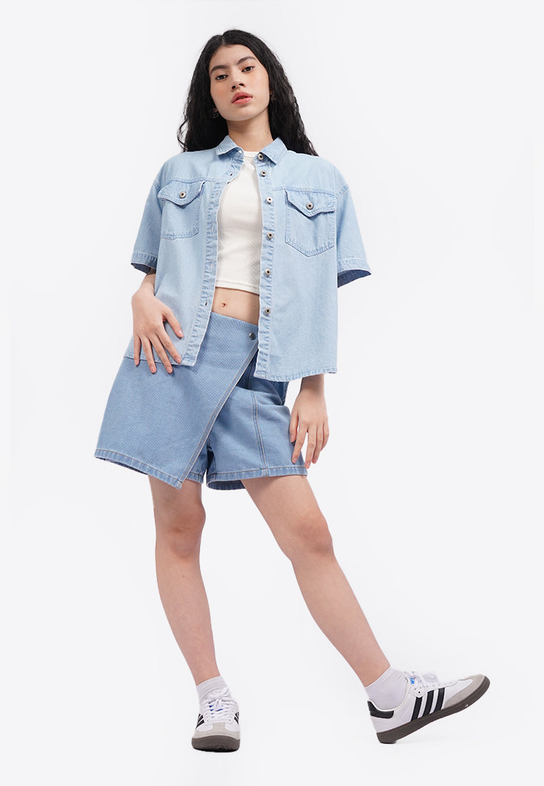 Oversized Short Sleeve Denim Shirt L.Blue
