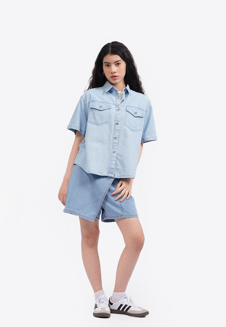 Oversized Short Sleeve Denim Shirt L.Blue
